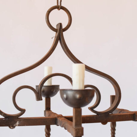 Vintage Elongated Iron Chandelier French style rusty spiked torches scroll design rustic