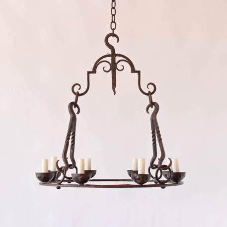 Vintage Rustic Iron Ring Chandelier with hooks rods scrolls and round design French style