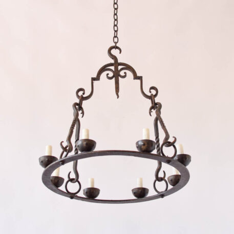 Vintage Rustic Iron Ring Chandelier with hooks rods scrolls and round design French style