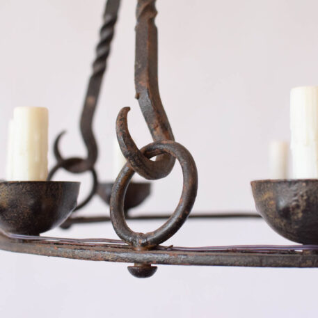Vintage Rustic Iron Ring Chandelier with hooks rods scrolls and round design French style