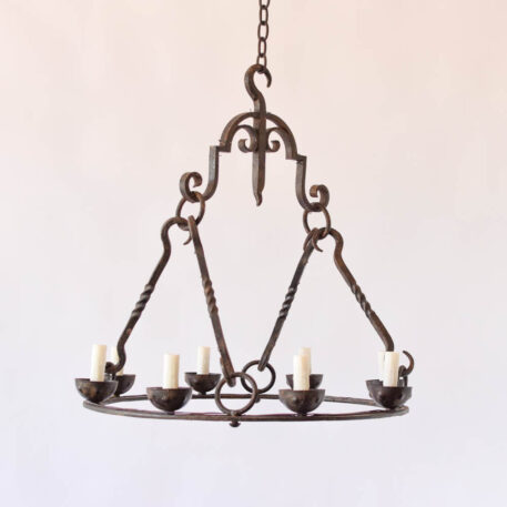 Vintage Rustic Iron Ring Chandelier with hooks rods scrolls and round design French style