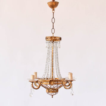 Small Vintage chandelier with gold finish and macaroni beads with metal spoke frame in empire style gilded metal