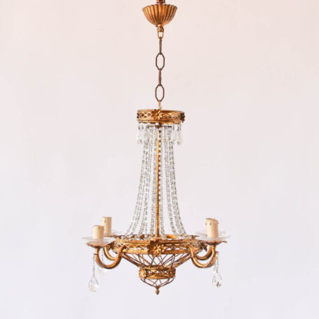 Small Vintage chandelier with gold finish and macaroni beads with metal spoke frame in empire style gilded metal