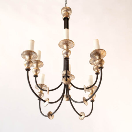 Metal and Wood Chandelier with 4 over 4 lights 8 lights gilded wood black metal swooping arms elegant Italian style from Italy simple vintage