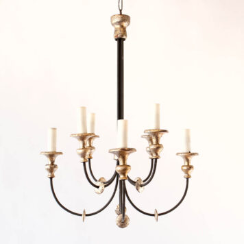 Metal and Wood Chandelier with 4 over 4 lights 8 lights gilded wood black metal swooping arms elegant Italian style from Italy simple vintage