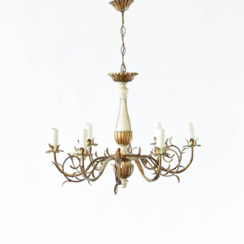A gold and blonde wood 6 light chandelier