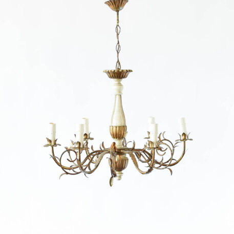 A gold and blonde wood 6 light chandelier