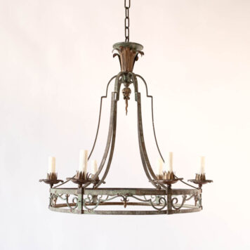 Green and Gold Iron Chandelier with 6 lights round ring scroll details verdigis patina french leaves vintage circular