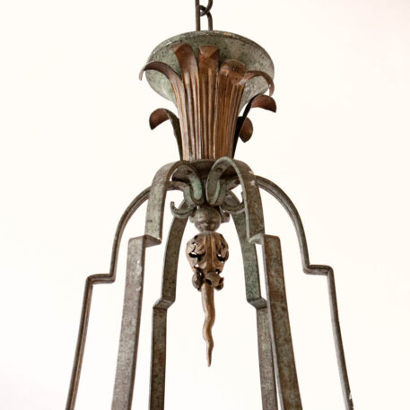 Green and Gold Iron Chandelier with 6 lights round ring scroll details verdigis patina french leaves vintage circular