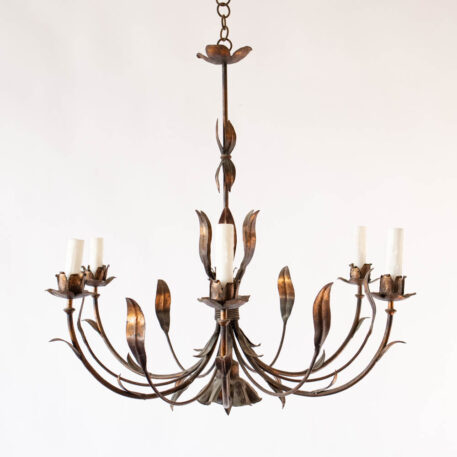 6 light gilded Leafy iron chandelier with leaves vintage with rings and leaves from Spain Spanish style natural form flowers