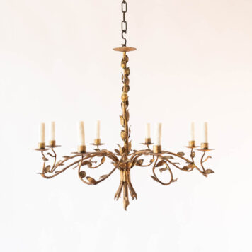 Large Gilded Iron Chandelier with Leafy 8 Spiral Arms Spanish Vintage Iron Gold Leaves from Spain