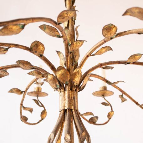 Large Gilded Iron Chandelier with Leafy 8 Spiral Arms Spanish Vintage Iron Gold Leaves from Spain