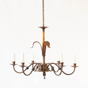 6 light Gilded Iron Chandelier with leaves scroll arms iron gold vintage Spanish from Spain wrought iron Iberian
