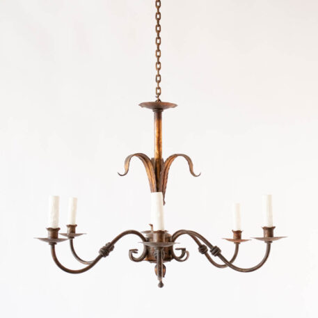 6 light Gilded Iron Chandelier with leaves scroll arms iron gold vintage Spanish from Spain wrought iron Iberian
