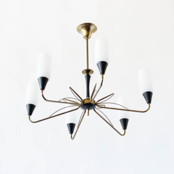 An elegant 1950's Brass chandelier with glass cylinders and 6 lights.