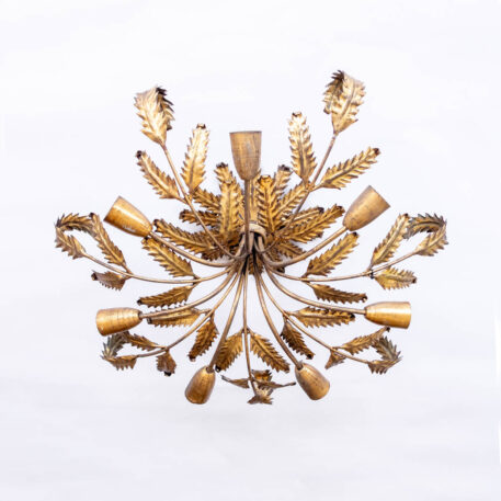 C12864 7 light large spanish leafy Gold flushmount flush mount vintage gilded leafy spain down light with spiky curled leaves ceiling light By The Big Chandelier Atlanta GA-0235