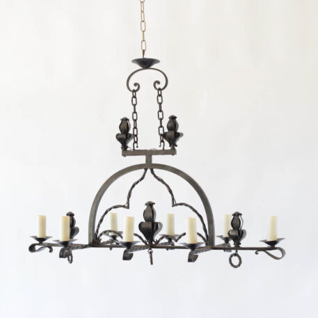 C12645 French 8 Light Iron Chandelier with iron rings and leaves, iron decoration, vintage, old world, neo gothic, scrolls