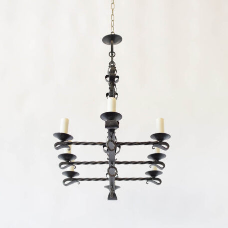 C12645 French 8 Light Iron Chandelier with iron rings and leaves, iron decoration, vintage, old world, neo gothic, scrolls