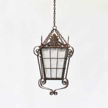 C12871 Iron Lantern with 3 x 3 Grid vintage lantern or hall light or pendant with scrolls rusty iron antique style old world style 1 Light Original Glass