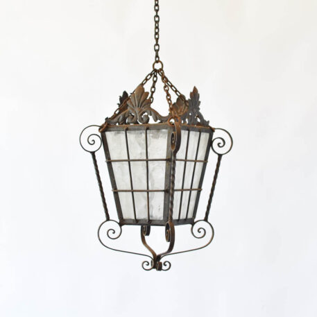 C12871 Iron Lantern with 3 x 3 Grid vintage lantern or hall light or pendant with scrolls rusty iron antique style old world style 1 Light Original Glass