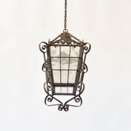 C12871 Iron Lantern with 3 x 3 Grid vintage lantern or hall light or pendant with scrolls rusty iron antique style old world style 1 Light Original Glass