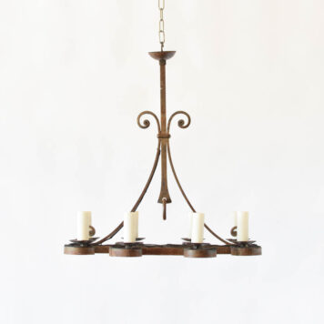 C12910 8 Light Elongated Forged French Chandelier hand forged, scrolls, iron ring, simple, heavy, arabesque arms.