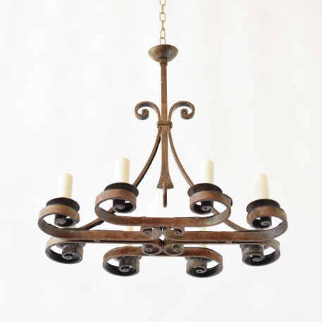 C12910 8 Light Elongated Forged French Chandelier hand forged, scrolls, iron ring, simple, heavy, arabesque arms.