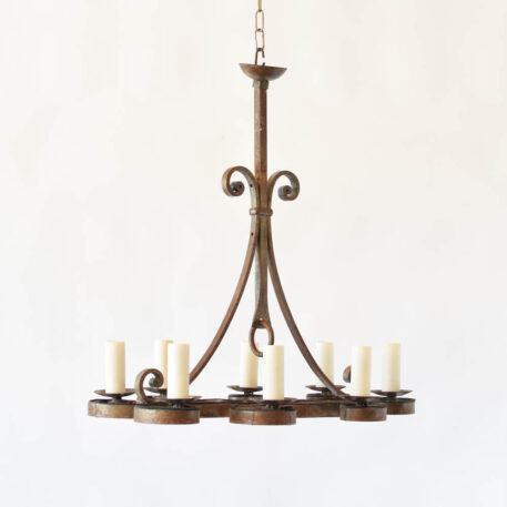 C12910 8 Light Elongated Forged French Chandelier hand forged, scrolls, iron ring, simple, heavy, arabesque arms.