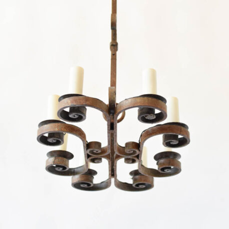 C12910 8 Light Elongated Forged French Chandelier hand forged, scrolls, iron ring, simple, heavy, arabesque arms.