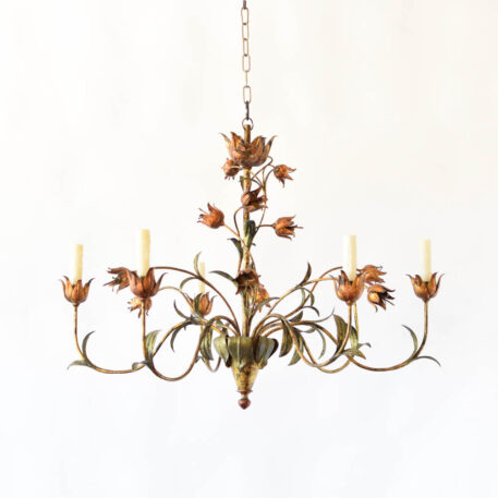 C12993 Large Leafy 6 Light Spanish Chandelier polychrome, gold green leaves, flowers vintage natural forms floral Spain flowing elegant