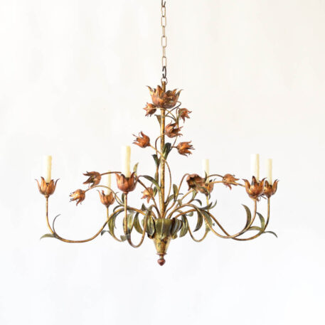 C12993 Large Leafy 6 Light Spanish Chandelier polychrome, gold green leaves, flowers vintage natural forms floral Spain flowing elegant