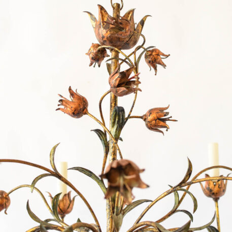 C12993 Large Leafy 6 Light Spanish Chandelier polychrome, gold green leaves, flowers vintage natural forms floral Spain flowing elegant