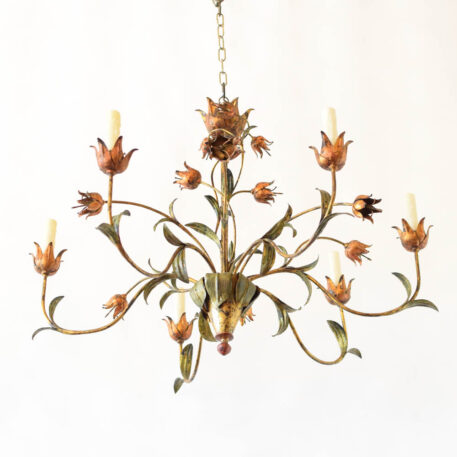 C12993 Large Leafy 6 Light Spanish Chandelier polychrome, gold green leaves, flowers vintage natural forms floral Spain flowing elegant