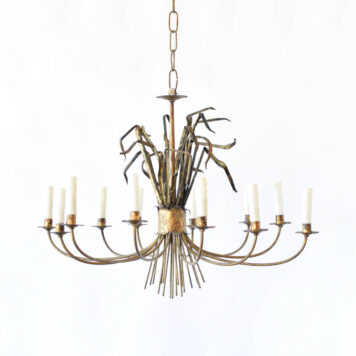 C13066 12 Light Sea Grass Chandelier iron leaves gold gilded swooping arms natural Spanish antique vintage whimsical By The Big Chandelier Atlanta GA