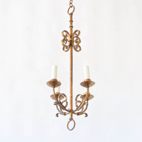 C13078 Tall gilded Spanish4 light Iron Chandelier wrought iron gold scrolls narrow hall light rustic vintage By The Big Chandelier Atlanta GA