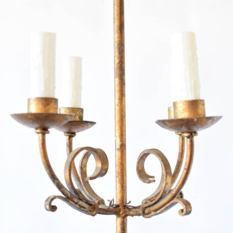 C13078 Tall gilded Spanish4 light Iron Chandelier wrought iron gold scrolls narrow hall light rustic vintage By The Big Chandelier Atlanta GA