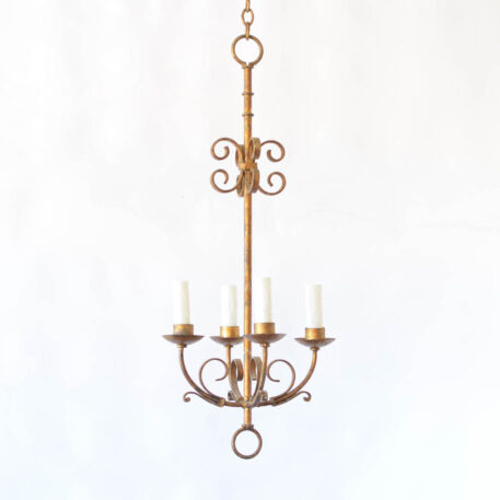 C13078 Tall gilded Spanish4 light Iron Chandelier wrought iron gold scrolls narrow hall light rustic vintage By The Big Chandelier Atlanta GA