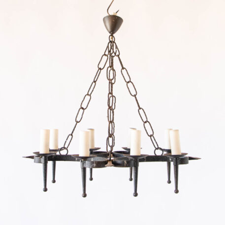 C12795 8 Light Elongated Flat Iron chandelier scrolls wrought simple elegant rustic European dining room torches By The Big Chandelier Atlanta GA