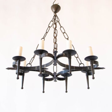 C12795 8 Light Elongated Flat Iron chandelier scrolls wrought simple elegant rustic European dining room torches By The Big Chandelier Atlanta GA