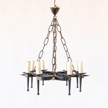 C12795 8 Light Elongated Flat Iron chandelier scrolls wrought simple elegant rustic European dining room torches By The Big Chandelier Atlanta GA