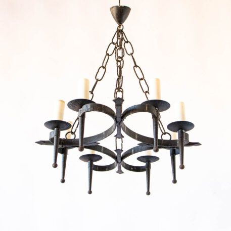 C12795 8 Light Elongated Flat Iron chandelier scrolls wrought simple elegant rustic European dining room torches By The Big Chandelier Atlanta GA