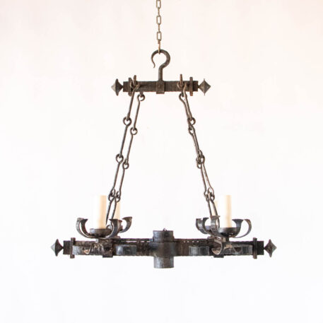 C12922 Elongated Iron Chandelier with 4 plus 1 lights down light kitchen island dining room rustic scrolls wrought iron classic vintage European hooks By The Big Chandelier Atlanta GA