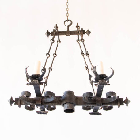 C12922 Elongated Iron Chandelier with 4 plus 1 lights down light kitchen island dining room rustic scrolls wrought iron classic vintage European hooks By The Big Chandelier Atlanta GA