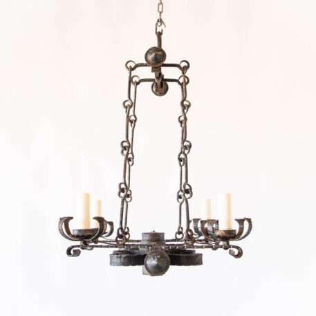 C12922 Elongated Iron Chandelier with 4 plus 1 lights down light kitchen island dining room rustic scrolls wrought iron classic vintage European hooks By The Big Chandelier Atlanta GA