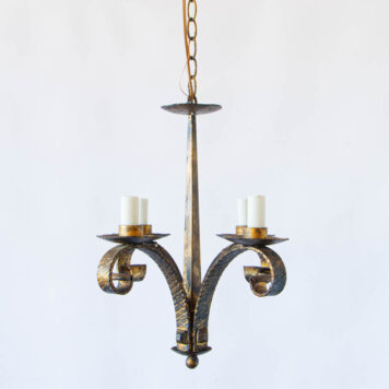 4 light Gilded Chandelier with Heavy Straps By The Big Chandelier Atlanta GA heavy iron small hall light gilded Spanish vintage rustic scrolls Barcelona simple