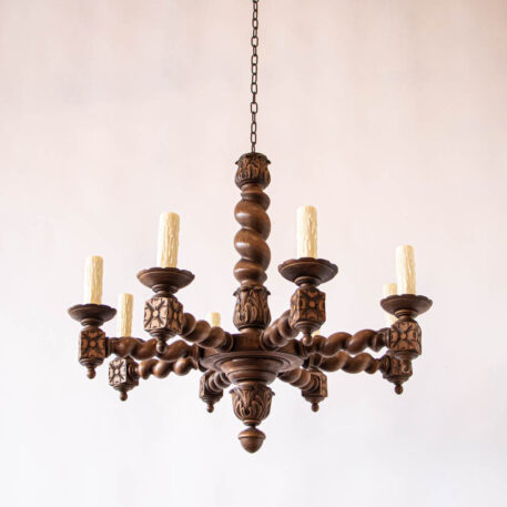 C12777 8 Light Wood Barley Twist Chandelier wooden twisted carved rustic European traditional simple vintage old French Belgian beautiful By The Big Chandelier Atlanta GA