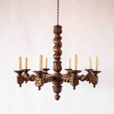 C12777 8 Light Wood Barley Twist Chandelier wooden twisted carved rustic European traditional simple vintage old French Belgian beautiful By The Big Chandelier Atlanta GA