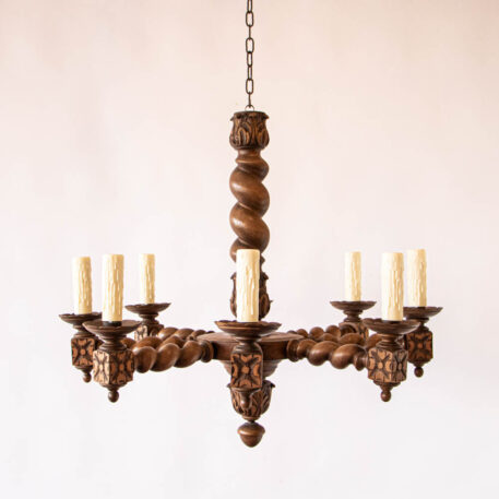 C12777 8 Light Wood Barley Twist Chandelier wooden twisted carved rustic European traditional simple vintage old French Belgian beautiful By The Big Chandelier Atlanta GA