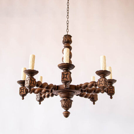 C12777 8 Light Wood Barley Twist Chandelier wooden twisted carved rustic European traditional simple vintage old French Belgian beautiful By The Big Chandelier Atlanta GA