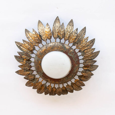 C12919 Sun Ceiling Light with small leaves and original glass flush mount Spiky round pointy vintage black silver gold gilded leafy beautiful fancy leaves ceiling light European Spanish By The Big Chandelier Atlanta GA-1527